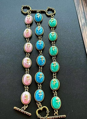 中古vintage复古风天然石镶嵌玫瑰花手链气质小众彩色多巴胺手链