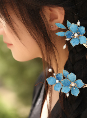 蓝色布绒竹叶发夹手工花朵