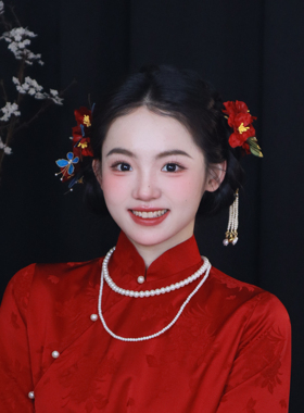 红色新中式山茶花发夹新娘敬酒服婚礼头饰古风边夹中长发橙色发簪