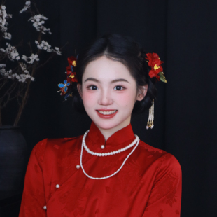 红色新中式山茶花发夹新娘敬酒服婚礼头饰古风边夹中长发橙色发簪