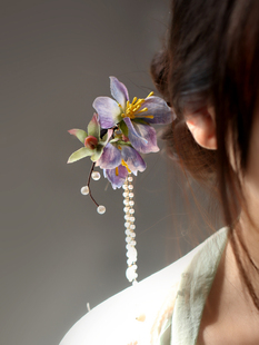 鸢尾花发簪木簪流苏素雅紫色花朵旗袍配饰头饰丸子头盘发簪子布花