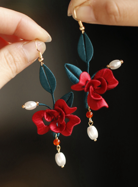 红色山茶花花手工缠花耳环订婚玫瑰耳饰旗袍配结婚新中式新年