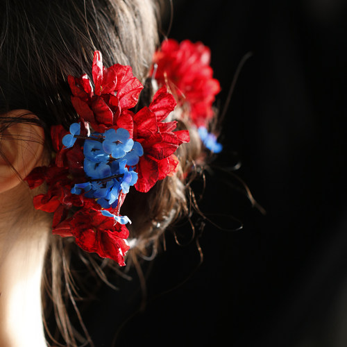 旗袍花朵发饰女红蓝花朵头饰气质