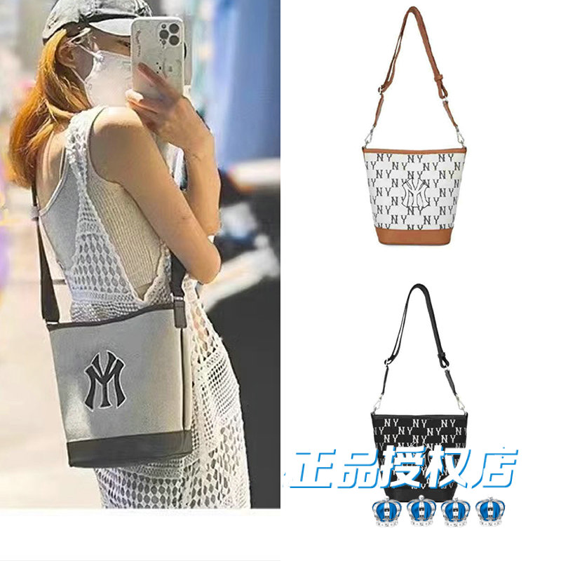 正品MLB YUF托特包 满标斜跨单肩手提包包刺绣字母NY洋基队水桶包