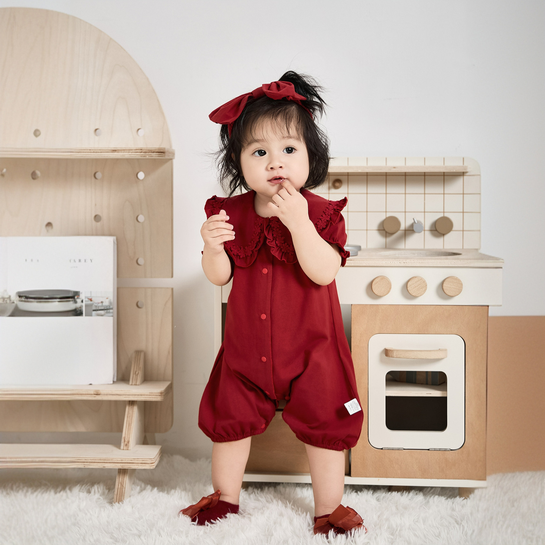 满月婴儿衣服女孩百日宴女宝宝装周岁夏季礼服女婴千金风红色短袖