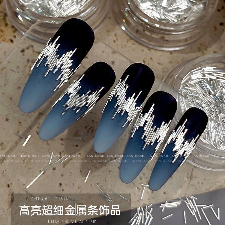 网红爆款美甲饰品高亮金属银色线条细丝爆闪蹦迪长条铆钉材料饰品