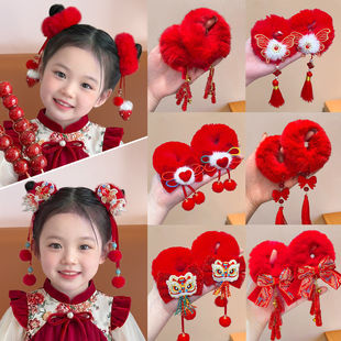 儿童新年红色毛绒发圈2026新款古风汉服发饰女童过年拜年发绳头饰