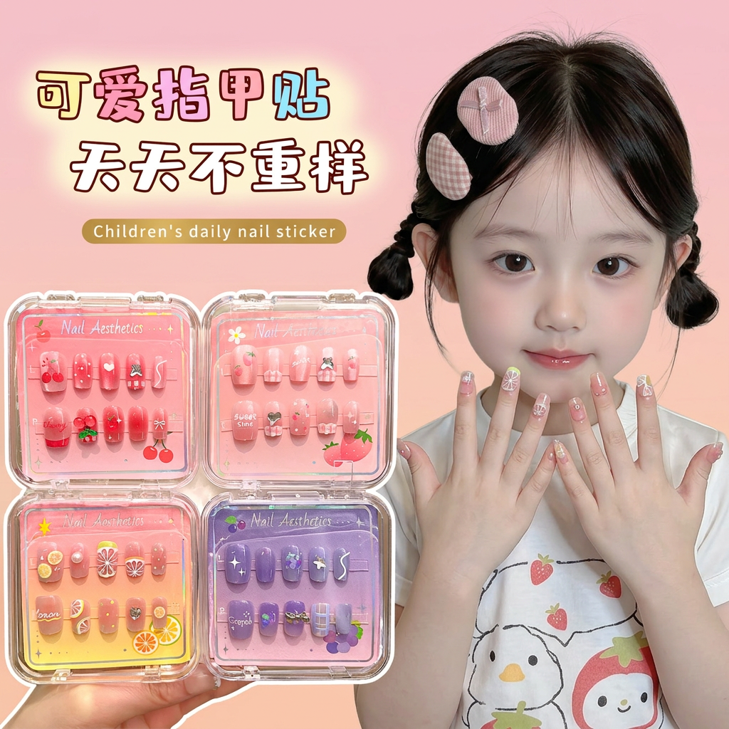 儿童水果指甲贴安全无味女童卡通美甲贴片不伤指甲可拆卸穿戴甲