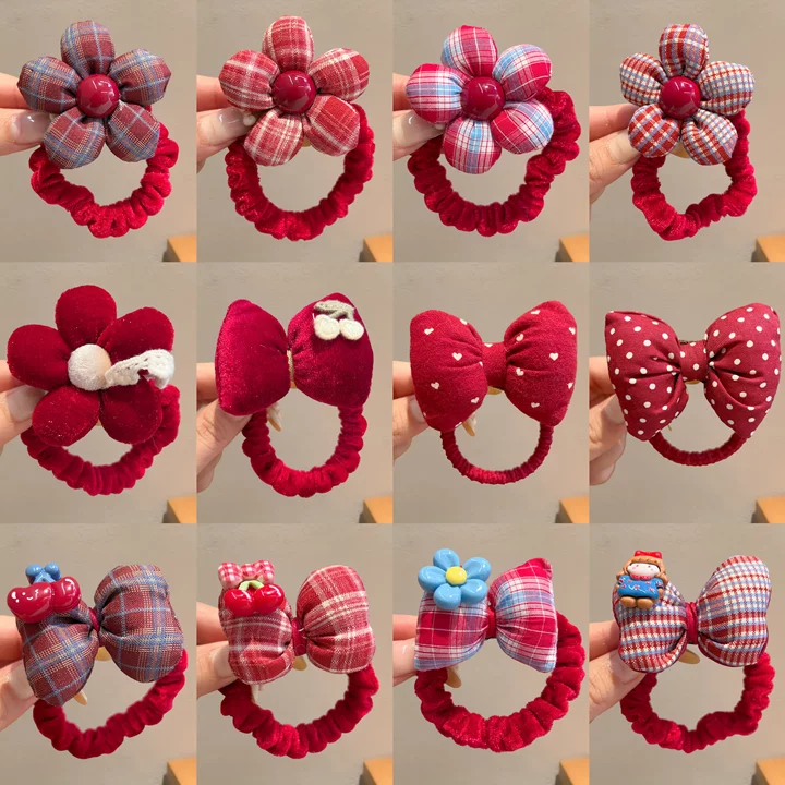 新年红色儿童发饰甜美蝴蝶结花朵发圈宝宝弹力耐用皮筋高颜值头饰