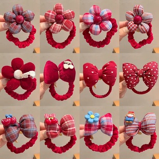 新年红色儿童发饰甜美蝴蝶结花朵发圈宝宝弹力耐用皮筋高颜值头饰