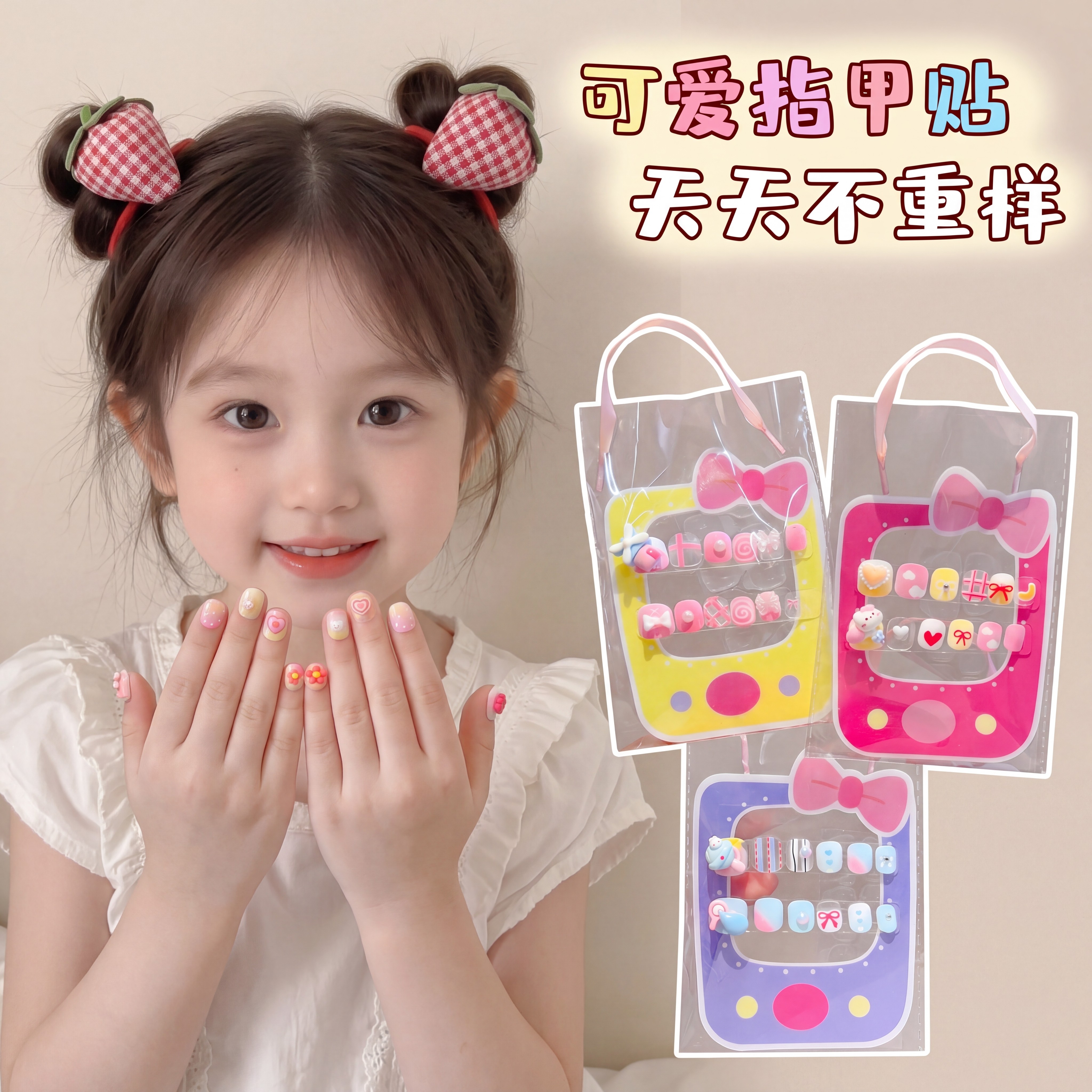 儿童2026新款装饰指甲贴纸女童甜美可爱蝴蝶结花朵宝宝卡通美甲贴片套装时尚潮流草莓造型女孩少女心装饰贴