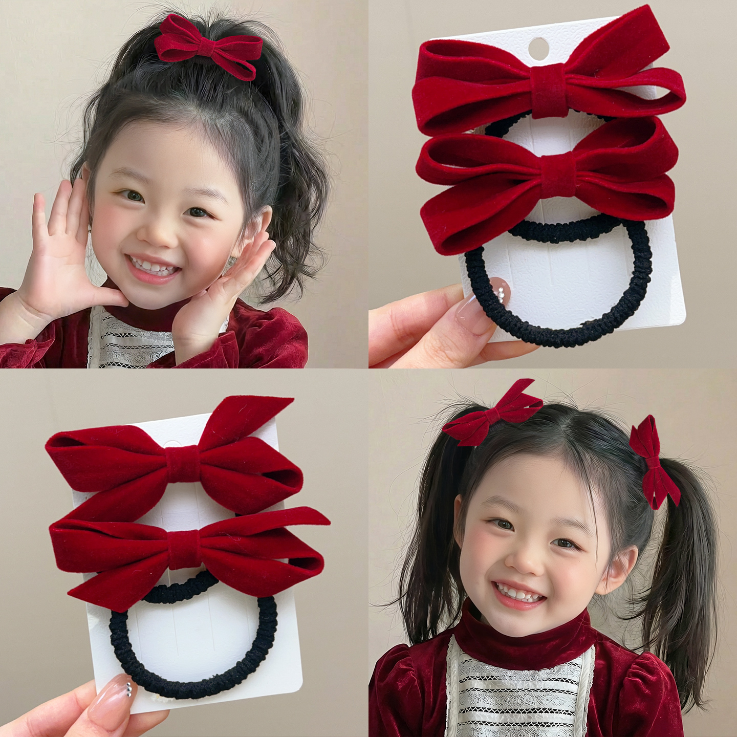 儿童酒红丝绒蝴蝶结发圈新年扎头发绳皮筋喜庆女童头绳高弹力发饰