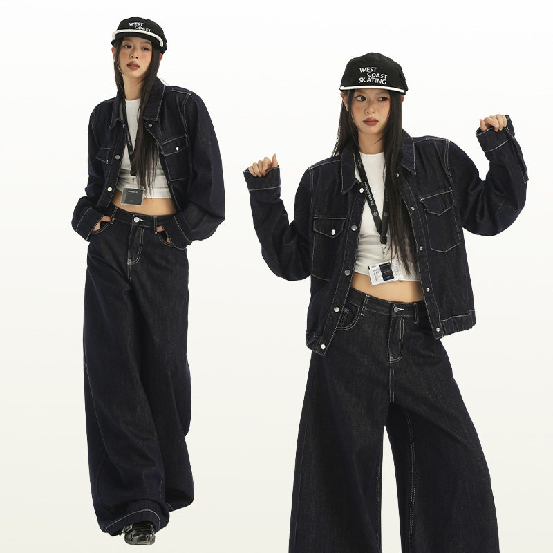 25th ootd! ｜美式开衫短款牛仔外套女上衣丹宁牛仔裤套装两件套