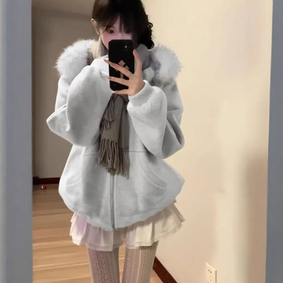 甜美大毛领连帽毛呢卫衣外套女秋冬季新款高级感夹棉加厚呢子大衣