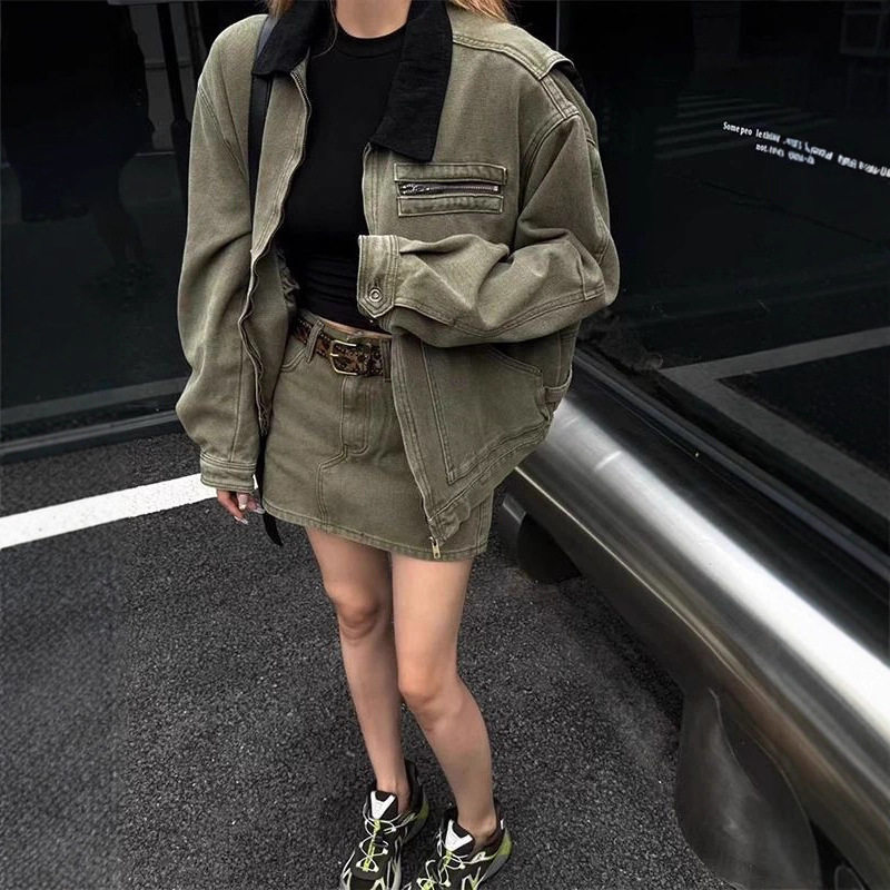 2025秋季新款美式复古做旧工装夹克外套女高腰显瘦包臀半身裙套装