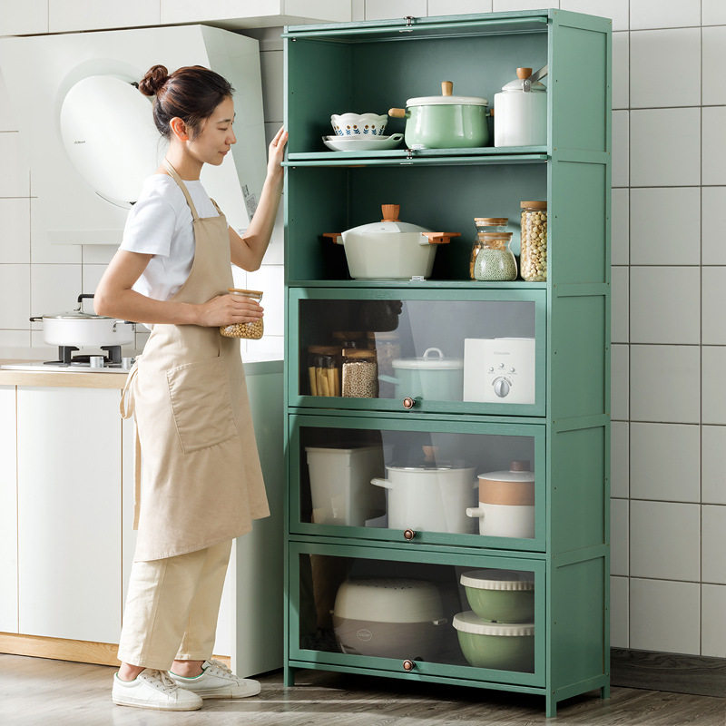 厨房用品收纳柜落地多层碗橱柜客厅阳台置物架带门储物柜竹a0537