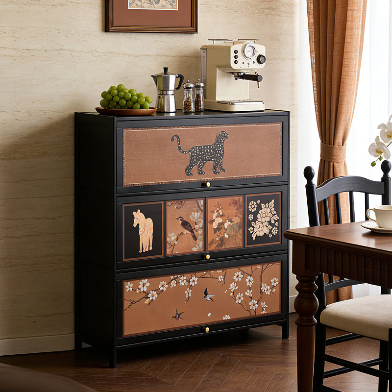 多层书架落地置物架卡莱克格子柜中古风竹制书柜储物柜一体a0235