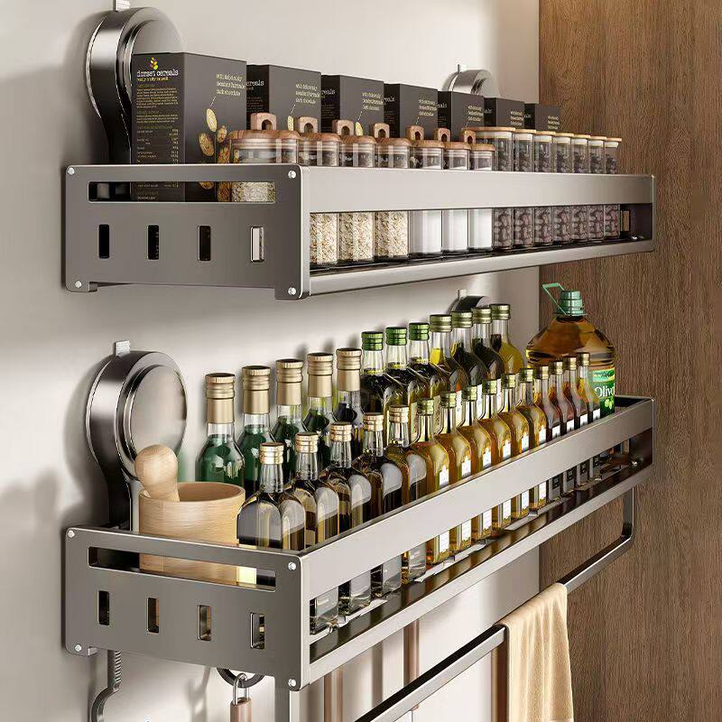 工厂直销吸盘厨房置物架免打孔太空铝调味料调味品收纳架子壁挂式