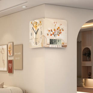 奶油风转角双面挂钟高级感家用客厅时钟装饰画创意免打孔钟a0730