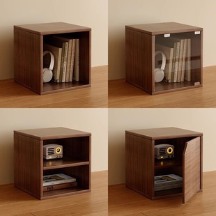 桌面小柜子储物柜胡桃木色自由组合格子柜桌上收纳书架带柜门书柜