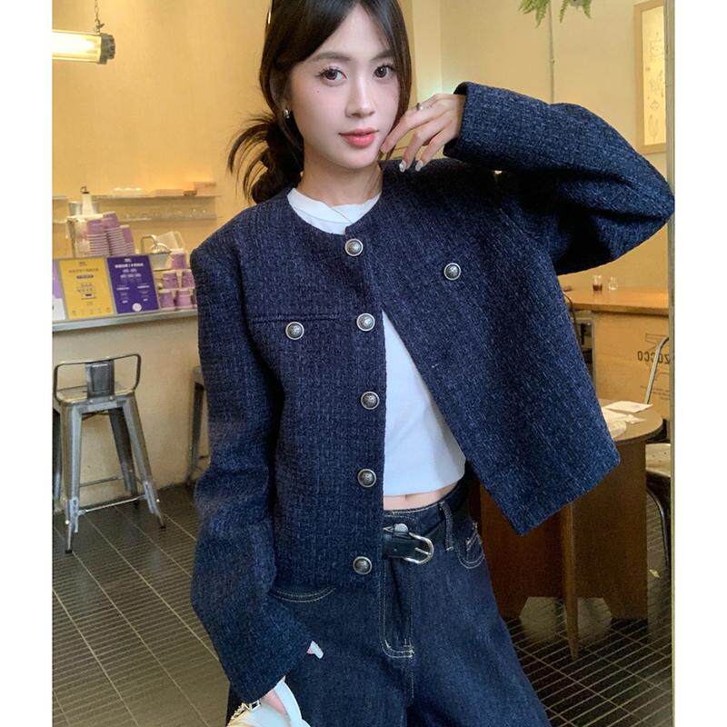 小香风藏青色拼接短款外套独特超好看高级感小个子韩系女生