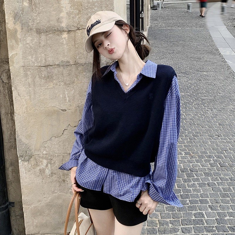 无袖马甲背心针织毛衣女款时髦洋气外搭叠穿上衣别致两件套韩系