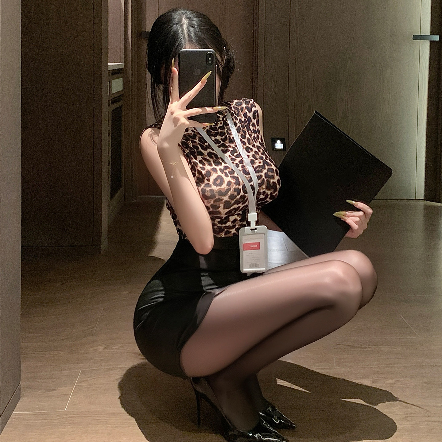 性感豹纹秘书连身制服OL风修身包臀裙套装女小胸显大趣情睡衣床上