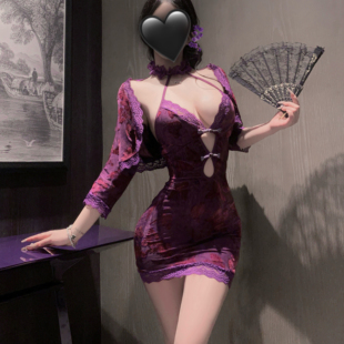 紫色深V印花睡裙女性感修身包臀睡衣套装轻熟御姐情侣升温战袍