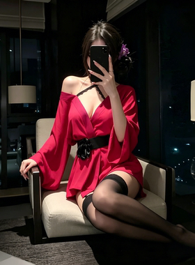 性感风红色和服睡衣裙V领系带收腰套装遮肚显瘦大胸情qu内衣大码