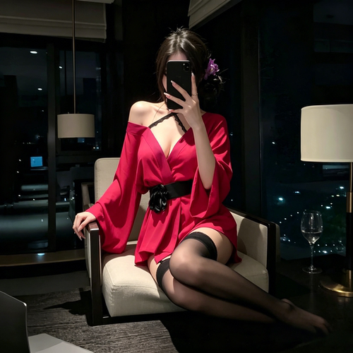 性感风红色和服睡衣裙V领系带收腰套装遮肚显瘦大胸情qu内衣大码