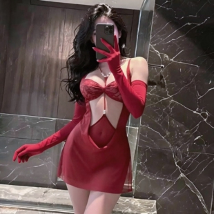 性感红色蕾丝透视挂脖睡裙女新娘婚礼物圣诞节情调内衣套装大码