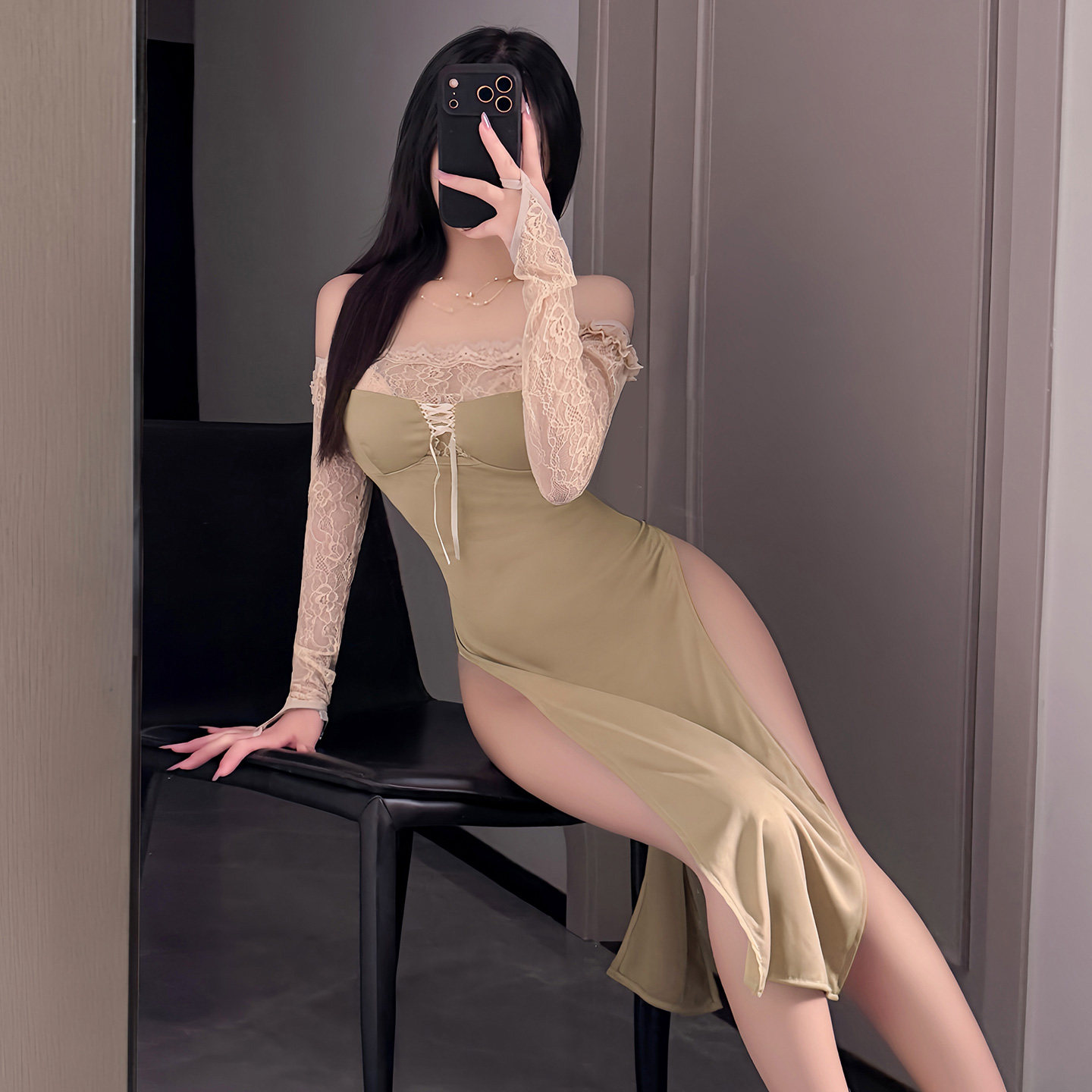 性感蕾丝一字领高开叉长裙女春季季露背免穿脱睡衣御姐风高级睡裙