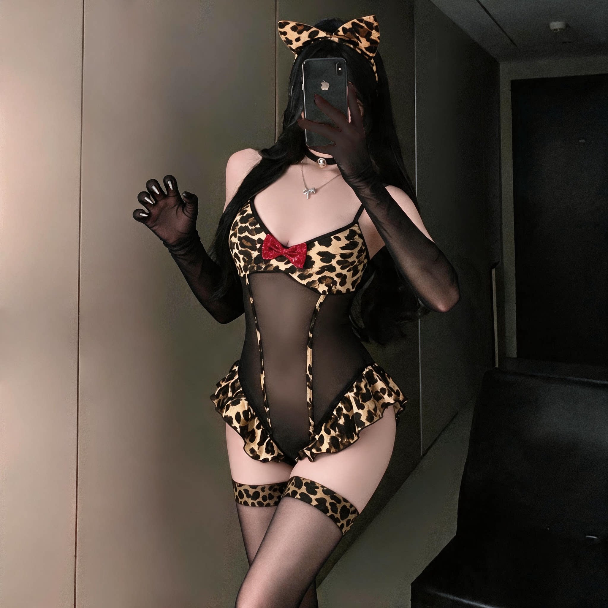 豹纹性感网纱透视连体内衣女纯欲猫女角色扮演制服套装大码qqny