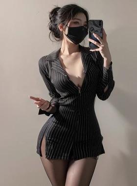 OL御姐性感秘书制服纯欲低胸撞色条纹衬衣夜店女装显瘦衬衫上衣