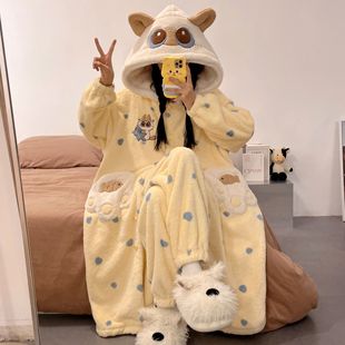 暹罗猫小豆泥珊瑚绒加绒加厚冬季睡袍女卡通可爱睡衣家居服可外穿