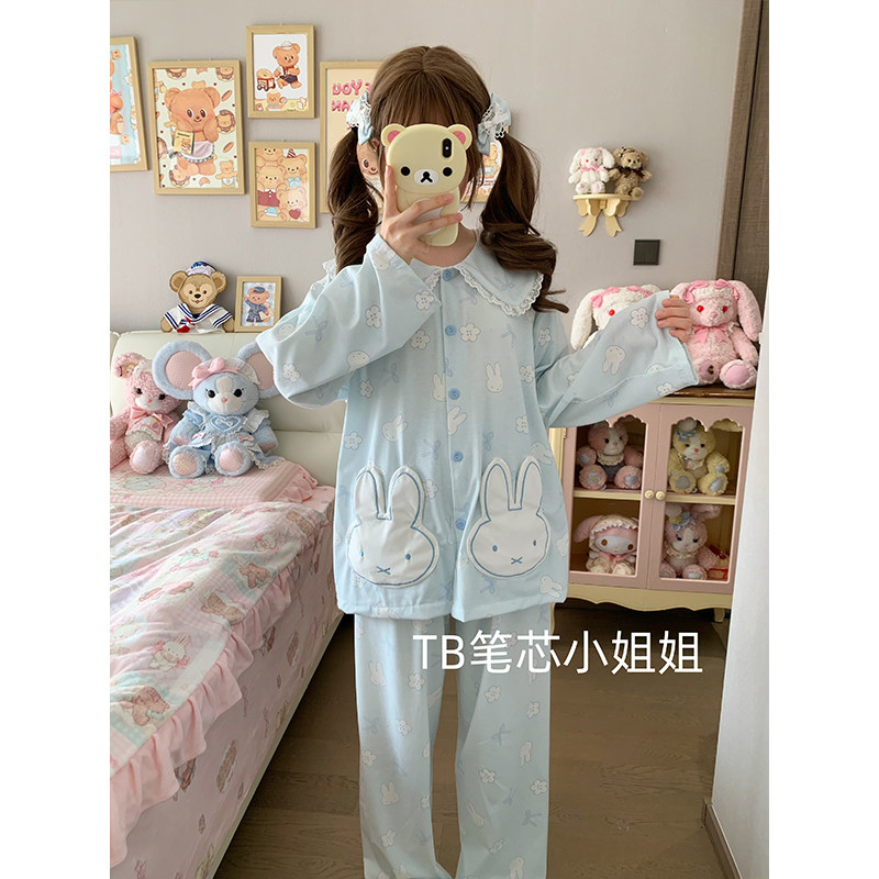 蓝色miffy米菲兔纯棉春秋季娃娃领睡衣女可爱卡通少女风家居服夏