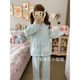 蓝色miffy米菲兔纯棉春秋季娃娃领睡衣女可爱卡通少女风家居服夏