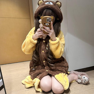 轻松熊秋冬季珊瑚绒睡衣少女睡袍套装中长款甜美卡通可爱外穿加厚