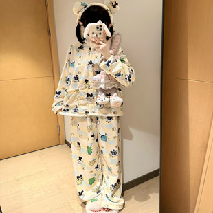 麻美吉拓麻歌子法兰绒睡衣女冬季加绒加厚连帽卡通印花长袖家居服