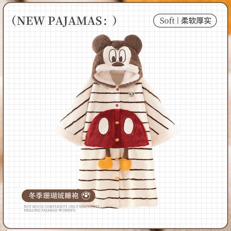 可爱米奇秋冬季珊瑚绒加绒加厚披风睡衣女卡通学生寝室家居服套装