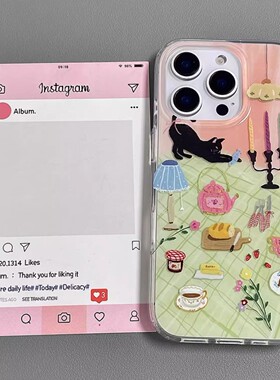 单层餐桌黑猫适用iphone16pomax苹果15pr手机壳14新款13卡通12