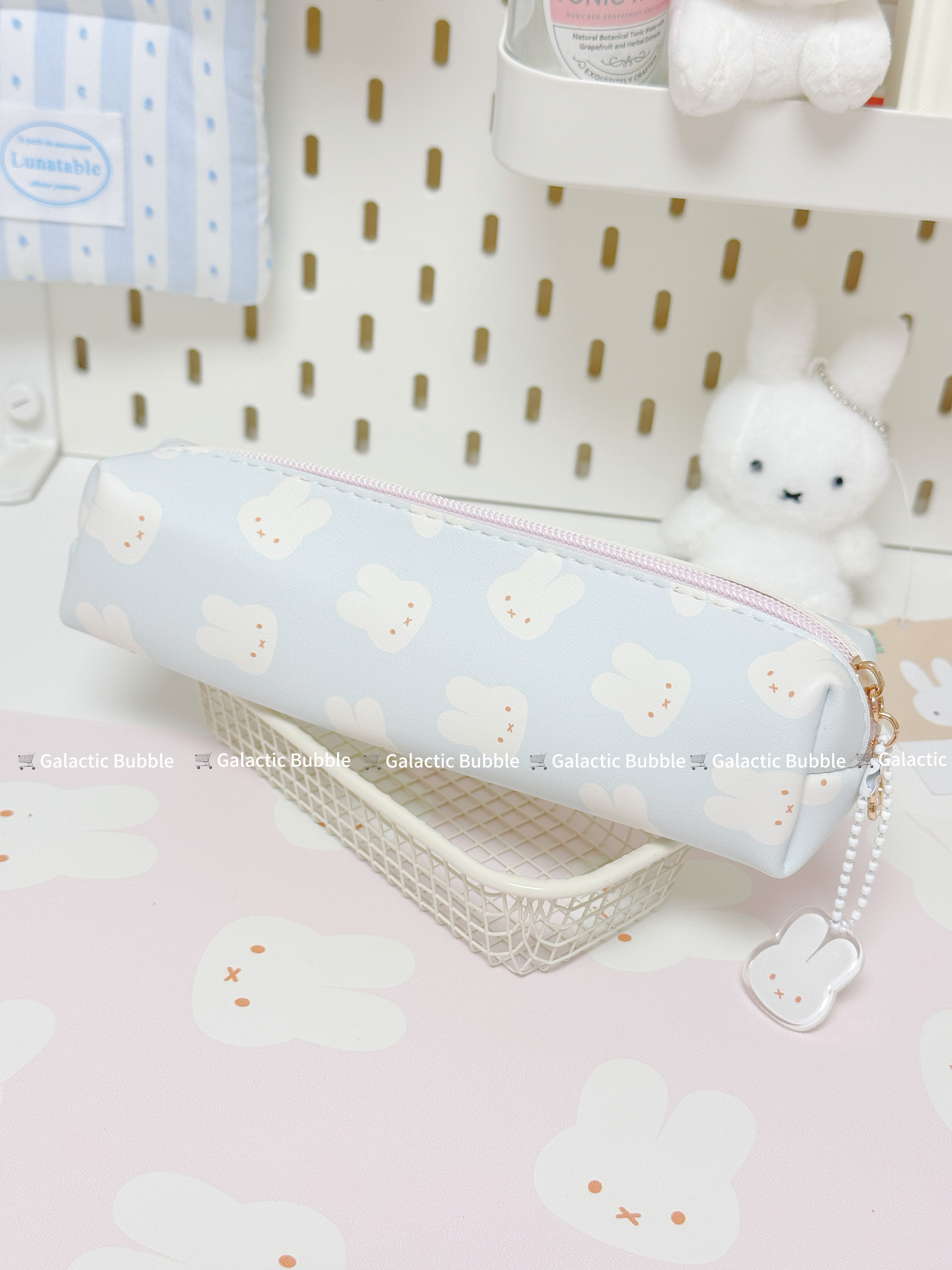 兔兔笔袋化妆刷收纳粉色蓝色简约可爱pu皮革材质