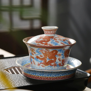 景德镇七承堂青花中国龙陶瓷茶具水杯手工三才盖碗品茗主人压手