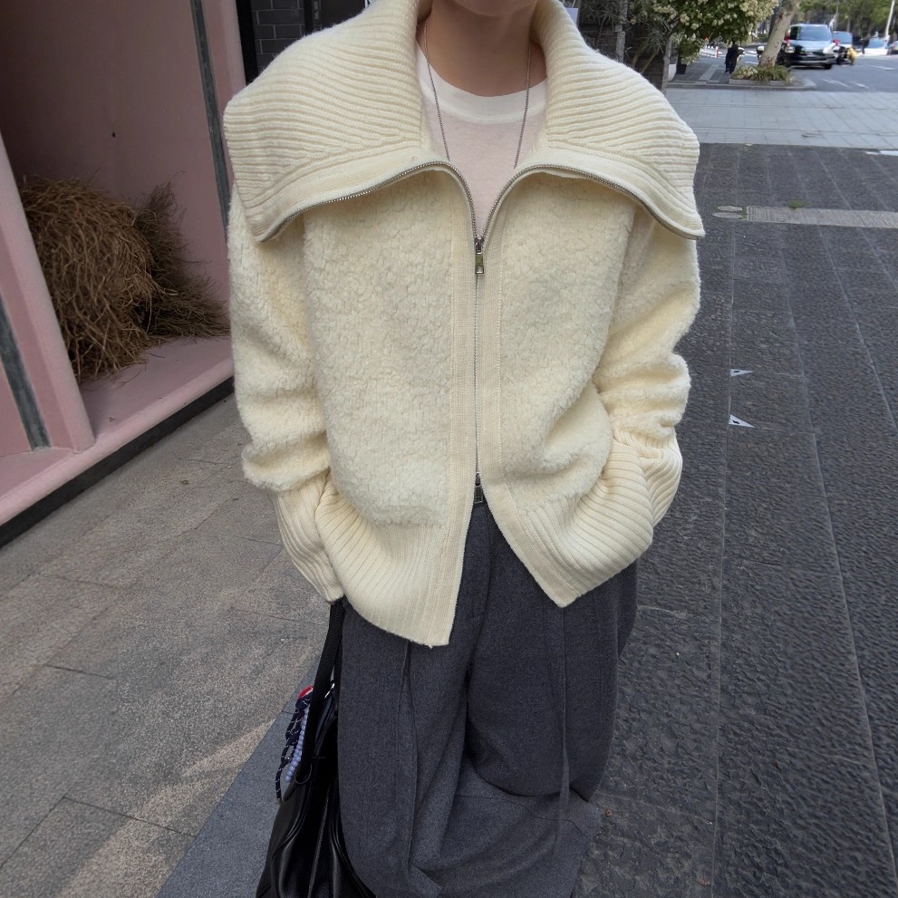 欧洲站2025秋冬新款时尚大翻领颗粒羊毛针织开衫女加厚毛衣短外套