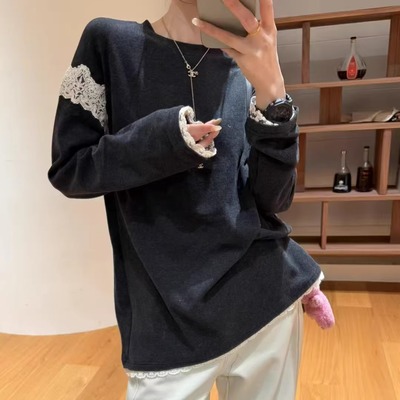 蕾丝拼接糯叽叽加厚长袖T恤