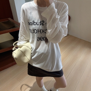 字母印花面膜防晒衫女2026夏季新款韩系休闲宽松圆领长袖防晒T恤