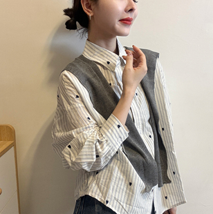 春日穿搭出游小衫 配披肩 女两件套 衬衫 百搭衬衣 竖条纹小爱心长袖