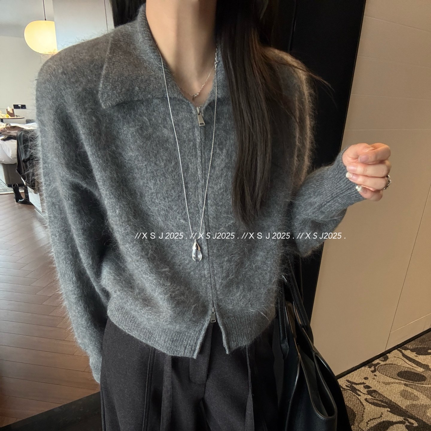 翻领拉链软糯拉毛羊绒开衫