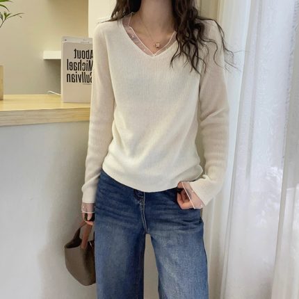 欧洲站2025冬装新款网纱拼接v领羊毛针织衫女气质优雅内搭毛衣