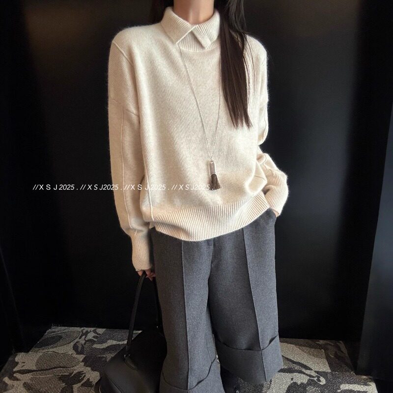 气质小翻领软糯羊绒毛衣